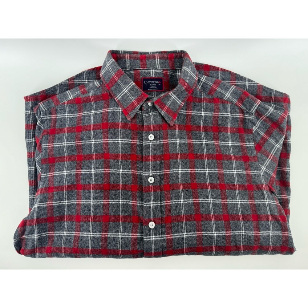 UNTUCKit Jaxon Red Grey Plaid Flannel Shirt Mens Large Tall Trim Fit Cotton